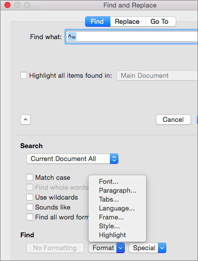 keyboard command for find and replace in excel mac